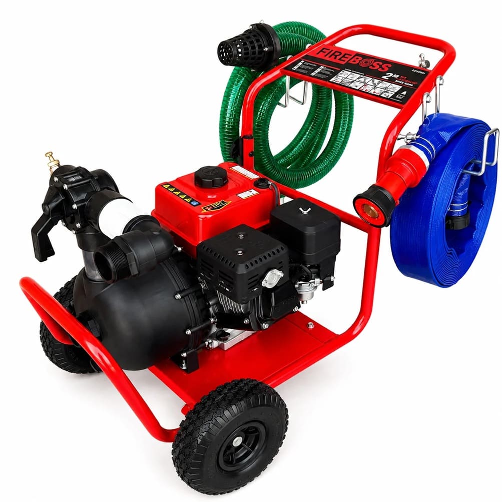 Portable fire pump with hoses and wheels.